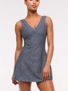 NWT Abercrombie & Fitch YPB sculptLUX V-Neck Navy Microdot Fit & Flare Dress